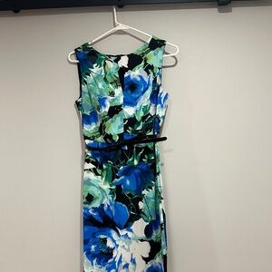Connected Apparel Blue and Green Floral Midi Dress